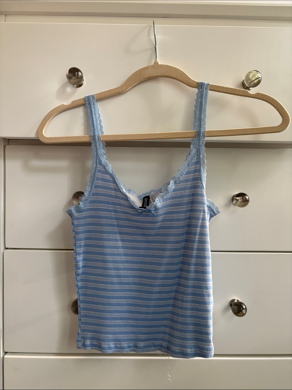 Divided Light Blue & White Striped Lace-Trim Cami